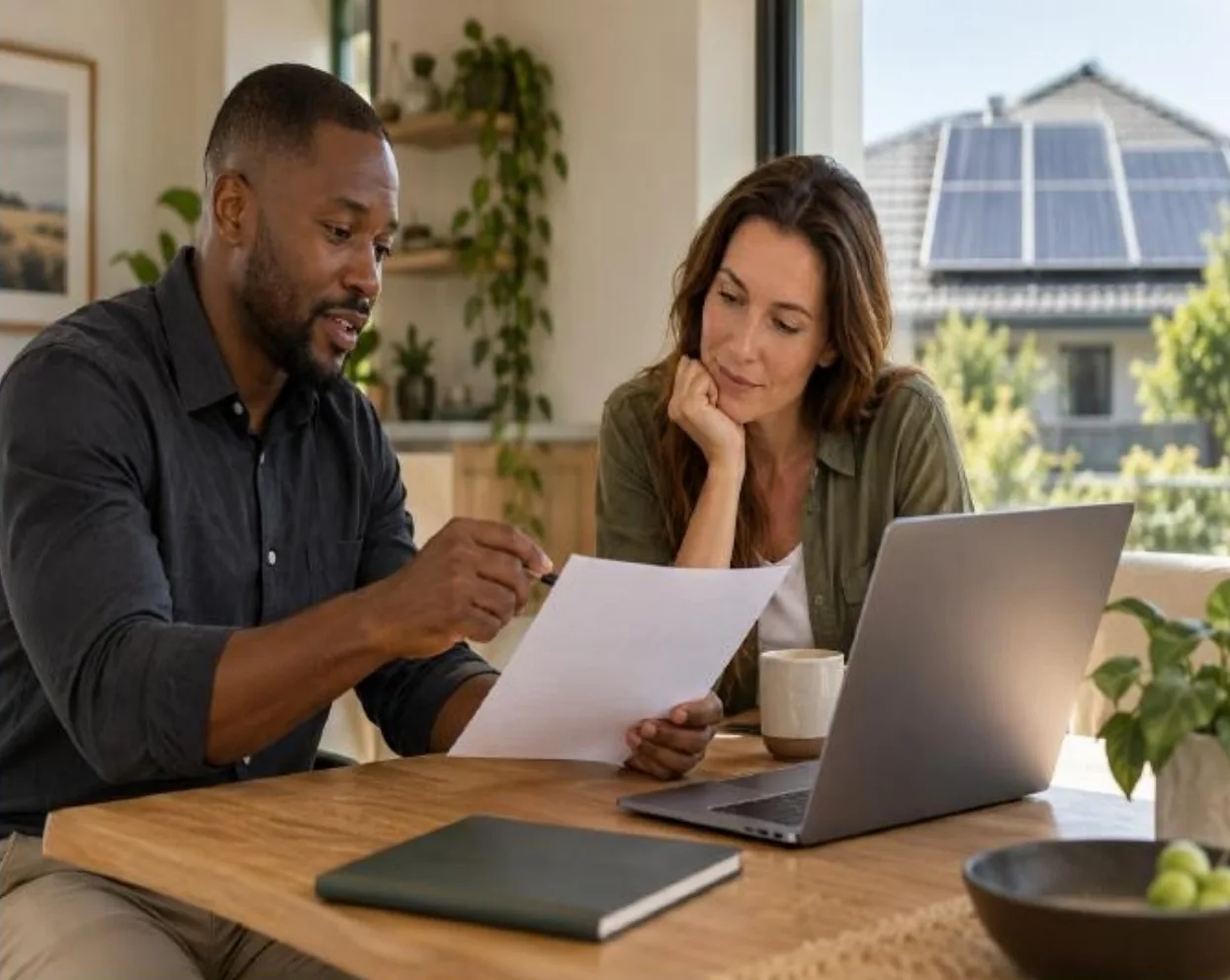 An energy consultant going through a document with a homeowner at a kitchen table, with solar panels on the roof outside